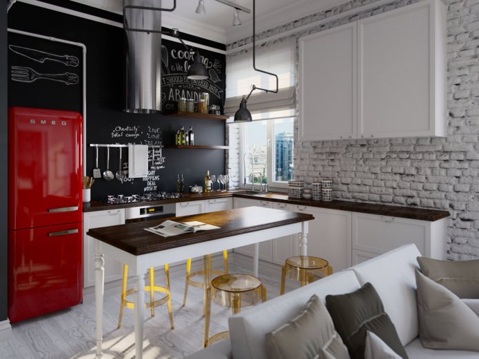 White brick in the kitchen interior