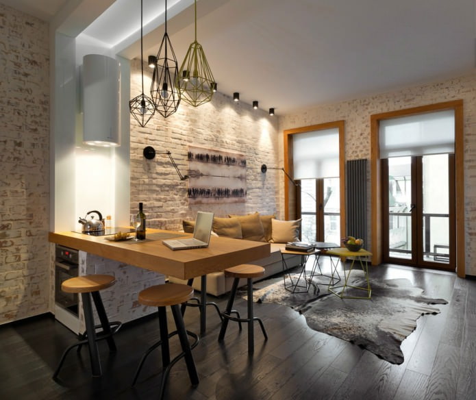 Kitchen-living room design with a bar counter