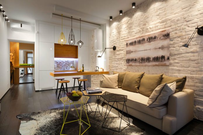 Kitchen-living room design with a bar counter
