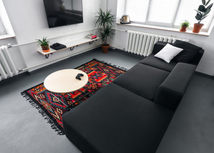 white and gray loft style living room interior