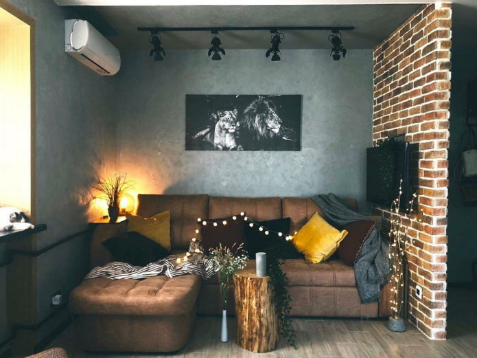 living room in a Khrushchev building in the loft style