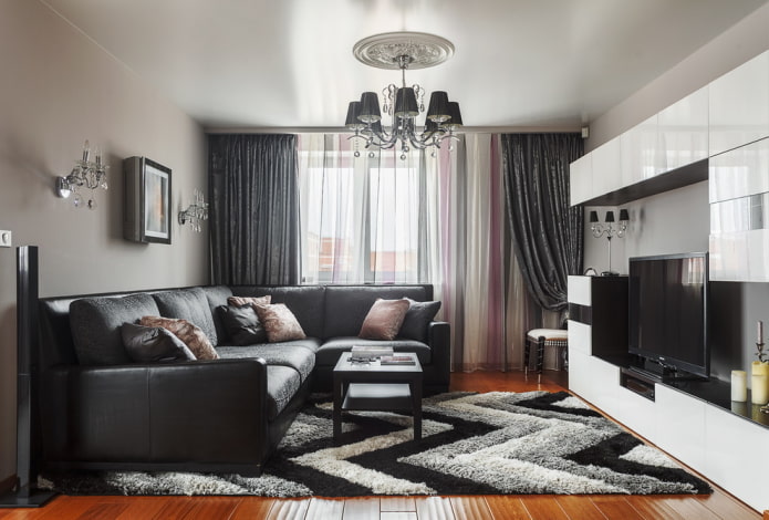 stretch ceiling with a chandelier in the living room