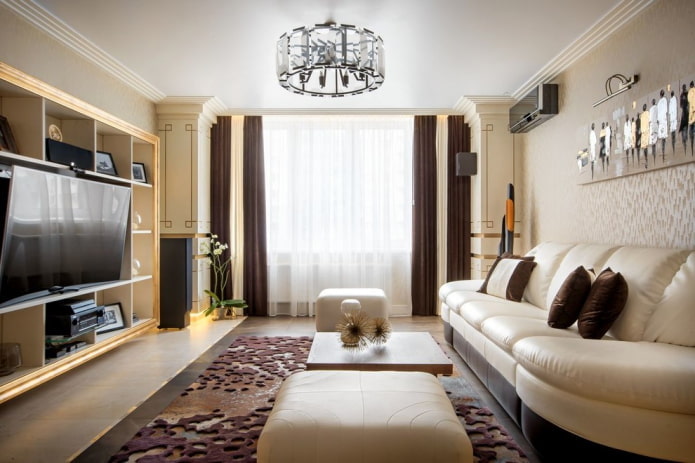 stretch ceiling with a chandelier in the living room