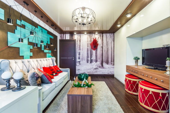 stretch ceiling with a chandelier in the living room