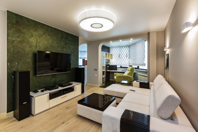 stretch ceiling with a chandelier in living room