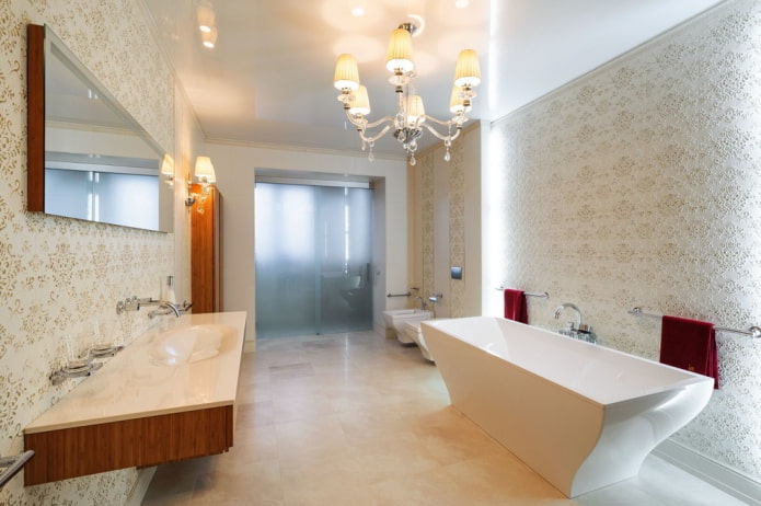 stretch ceiling with a chandelier in the bathroom