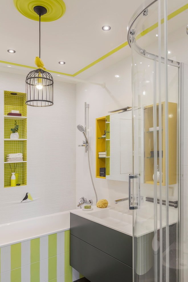 stretch ceiling with a chandelier in the bathroom