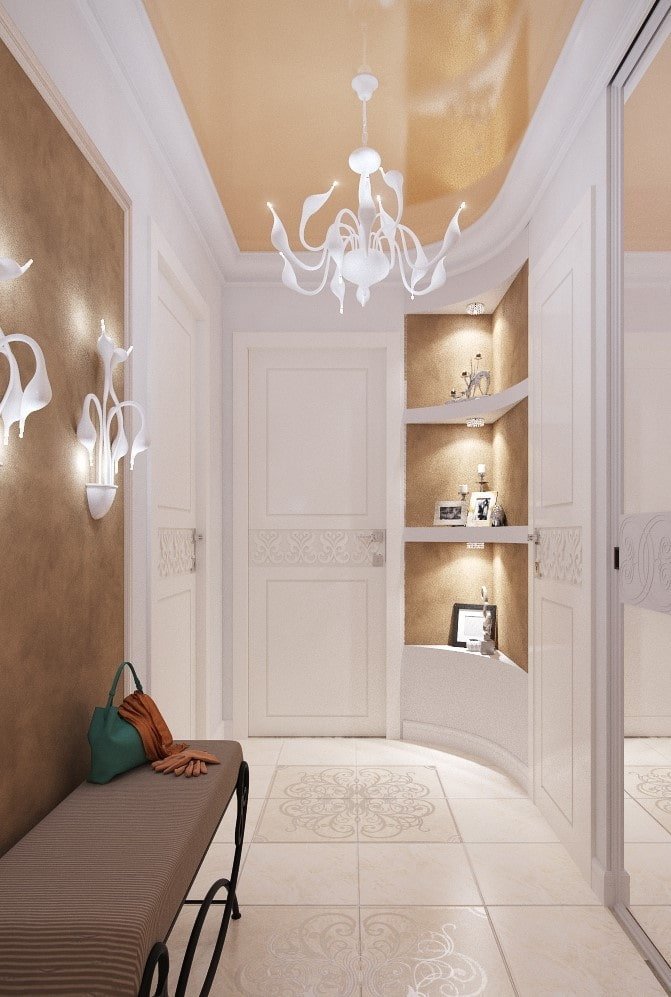 stretch ceiling with a chandelier in the hallway