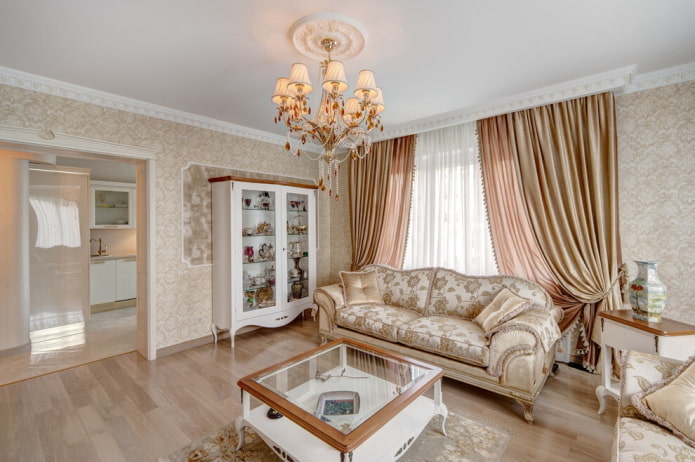 stretch ceiling with a chandelier in interior design