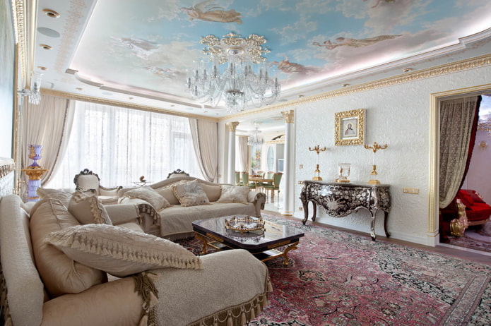 stretch ceiling with a chandelier in interior design