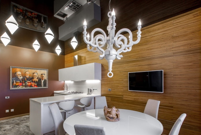 stretch ceiling with a chandelier in the kitchen