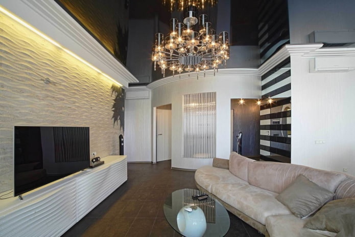 stretch ceiling with a chandelier in the interior