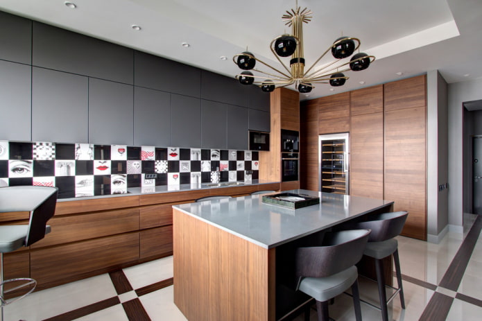 chandelier over the island in the kitchen interior