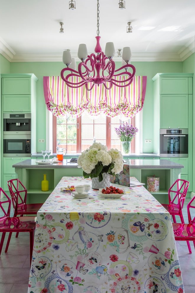 chandelier on the ceiling in the kitchen interior
