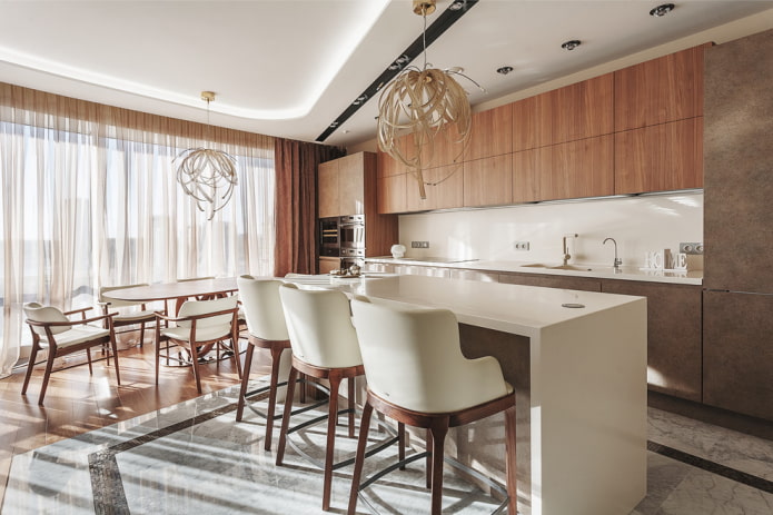 two chandeliers on ceiling in the kitchen interior