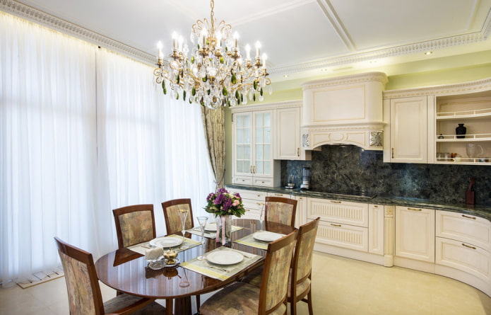 chandelier in the kitchen interior in the classic style