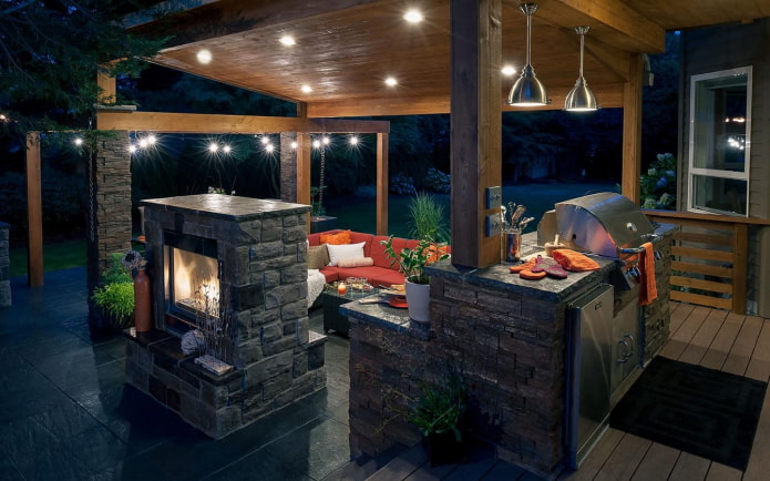 chandelier in the design of a summer kitchen