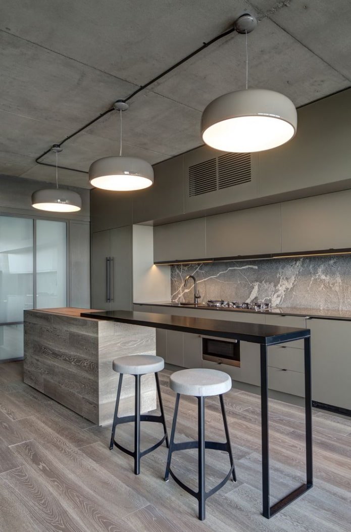 chandelier above the bar counter in the kitchen interior
