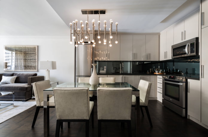 chandelier on the ceiling in the kitchen interior