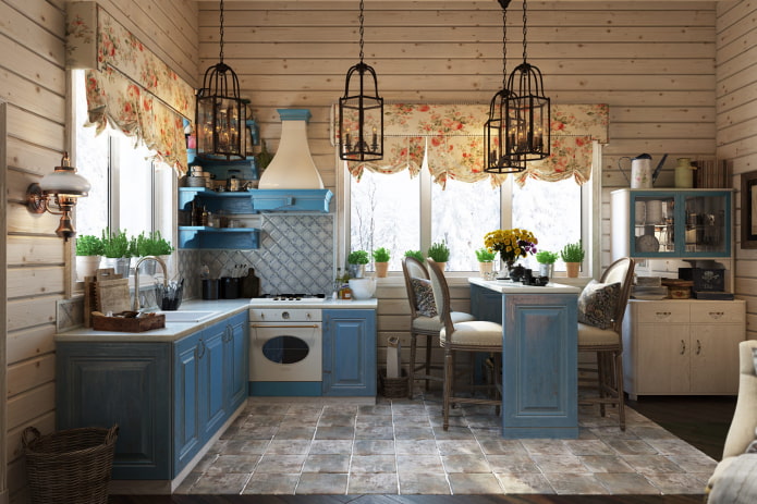 chandelier in the interior of the kitchen in the Provence style