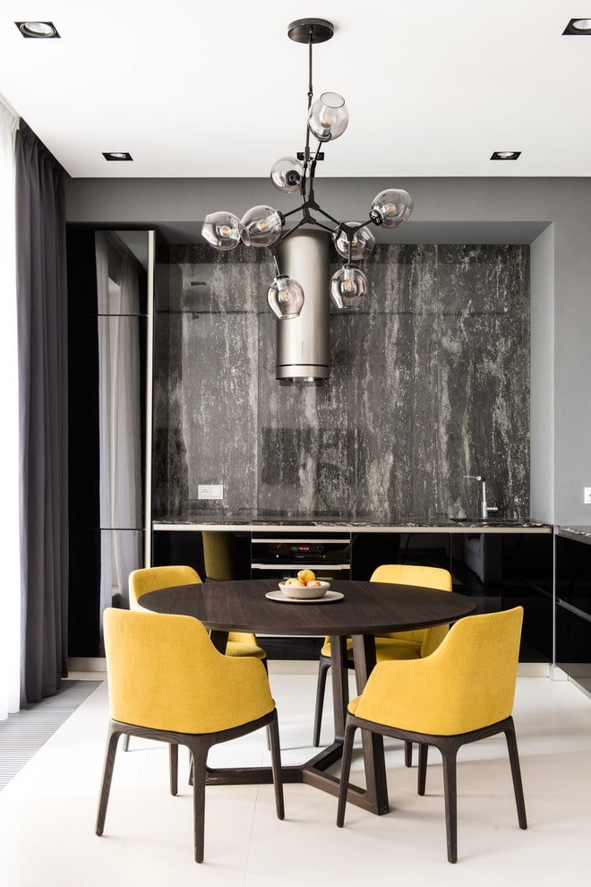 chandelier on the ceiling in the kitchen interior