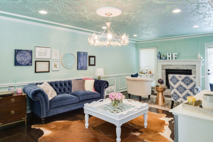 living room interior in turquoise tones