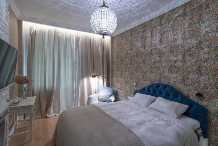 chandelier on the ceiling in the bedroom interior