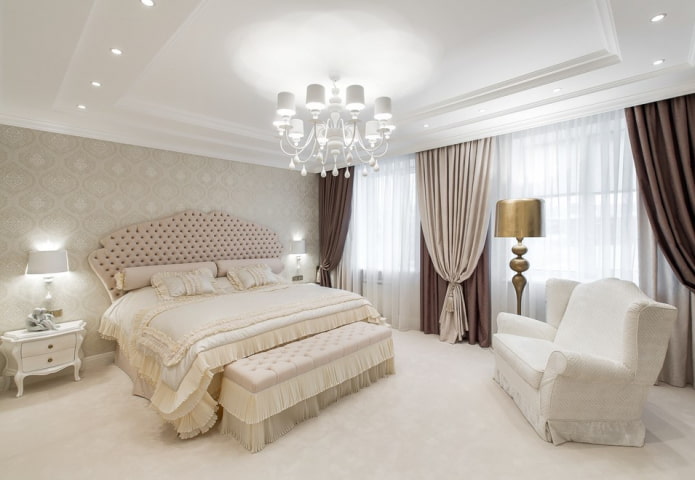 chandelier on the ceiling in the interior of the bedroom in the classic style