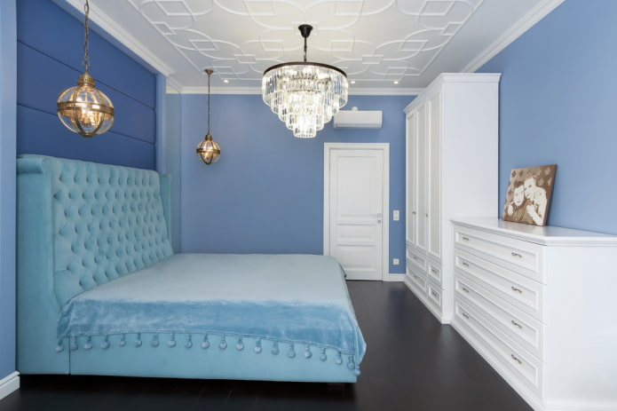 chandelier on the ceiling in the bedroom interior