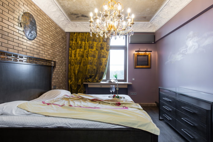 chandelier on the ceiling in the middle of the bedroom