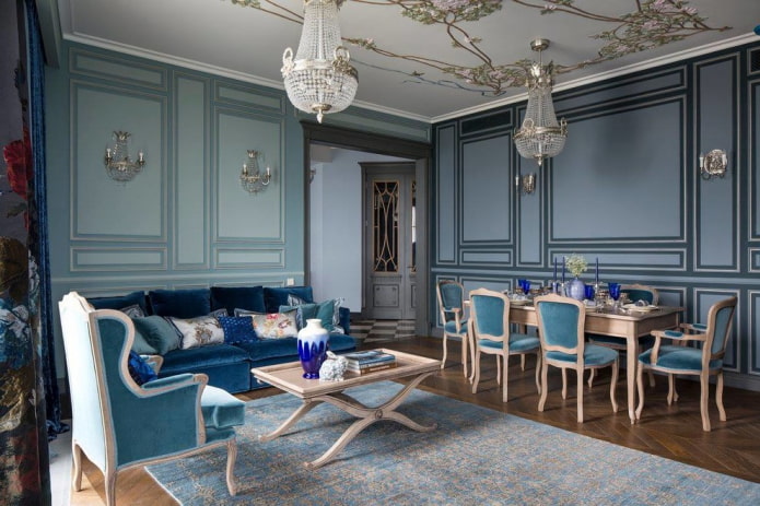 chandeliers on the ceiling in the living room design
