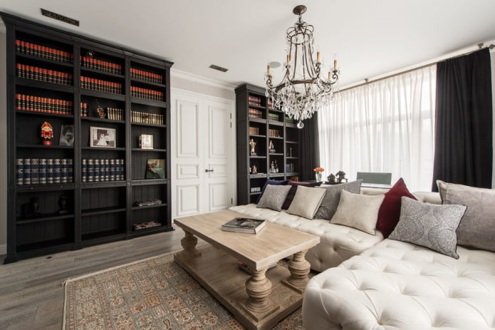 chandelier above the sofa in the living room interior
