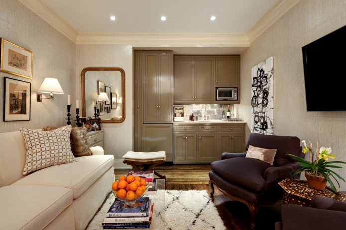 set in the interior of a small kitchen-living room