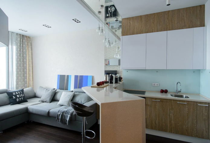 set in the interior of a small kitchen-living room