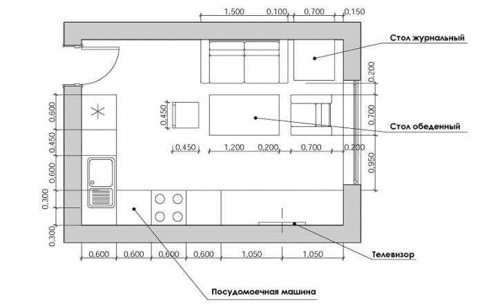 planning of a small-sized kitchen-living room