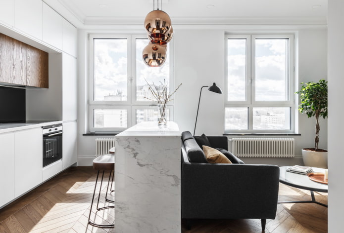 planning and zoning of a small kitchen-living room