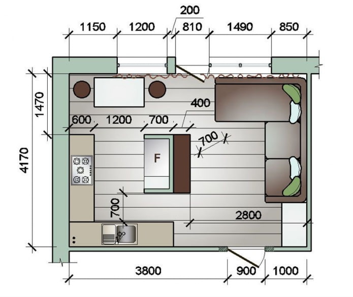 planning of a small-sized kitchen-living room