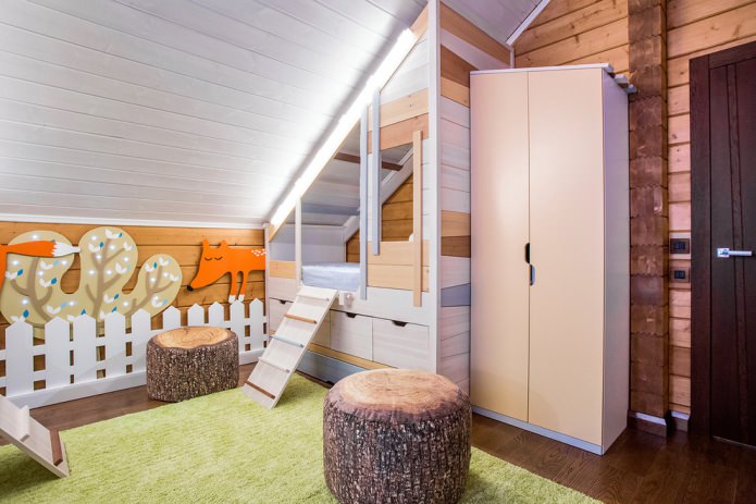 wardrobe in a room with a sloping roof