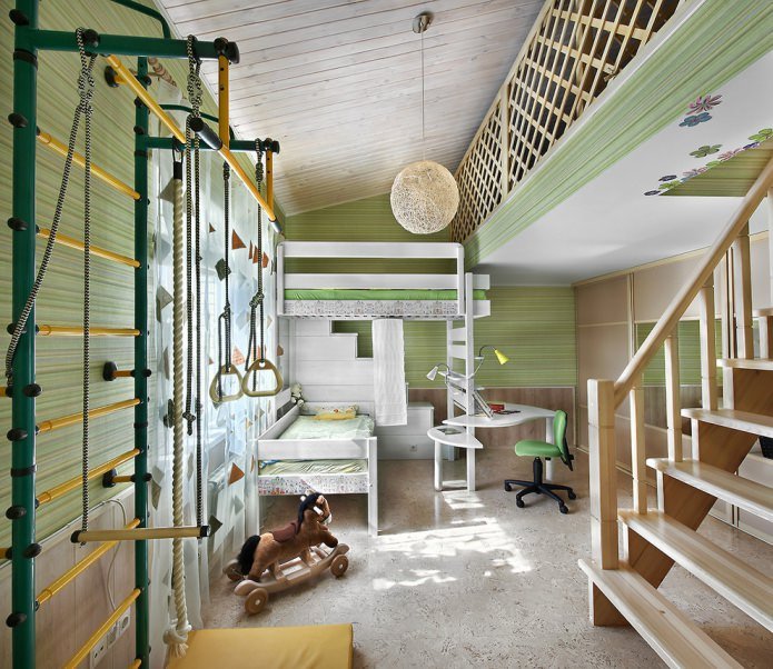 attic children's room in green tones