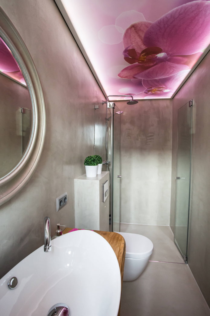 pink ceiling covering in the bathroom