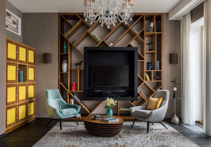 unusual shelves in the living room