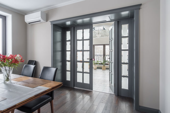 gray doors with glass inserts in the interior