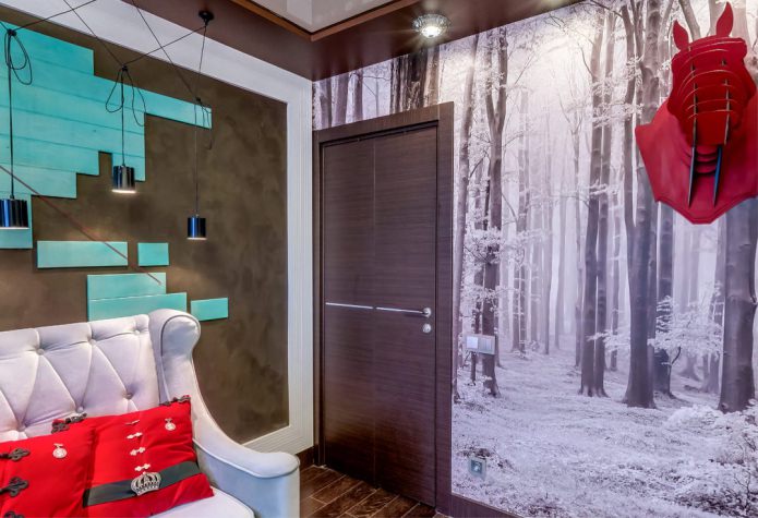 a combination of photo wallpaper and dark doors