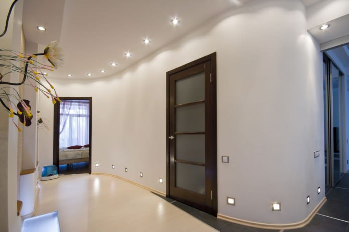 a combination of light walls with a dark brown door with glass inserts