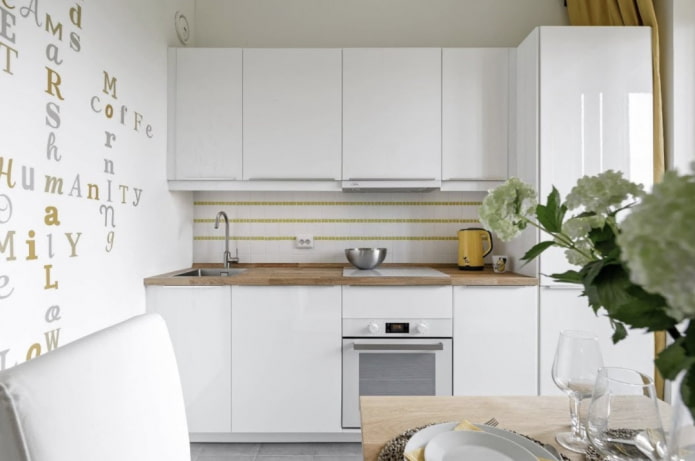 straight kitchen with a tall unit