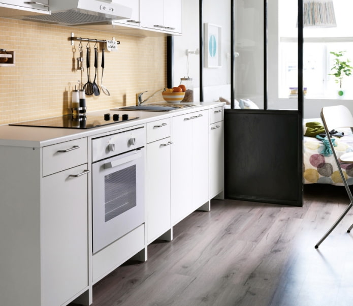 white single-row kitchen set