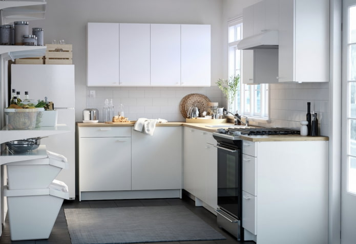 white kitchen without upper cabinets