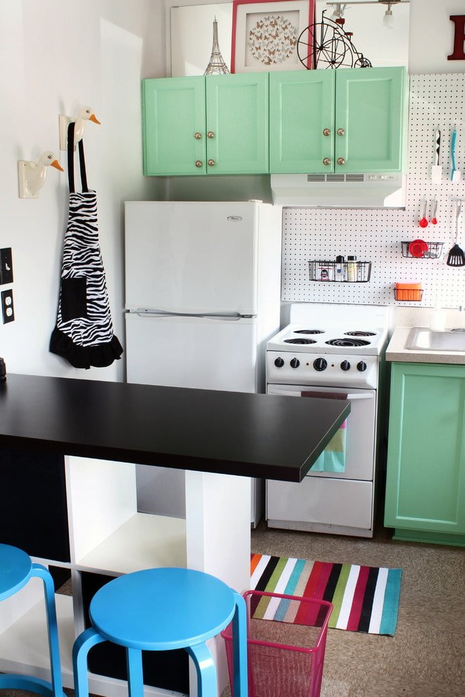 kitchen with turquoise facades