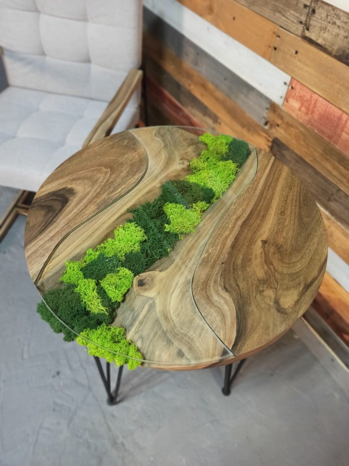 slab table decorated with moss