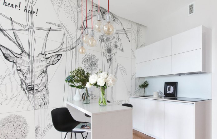 White photo wallpaper in the kitchen